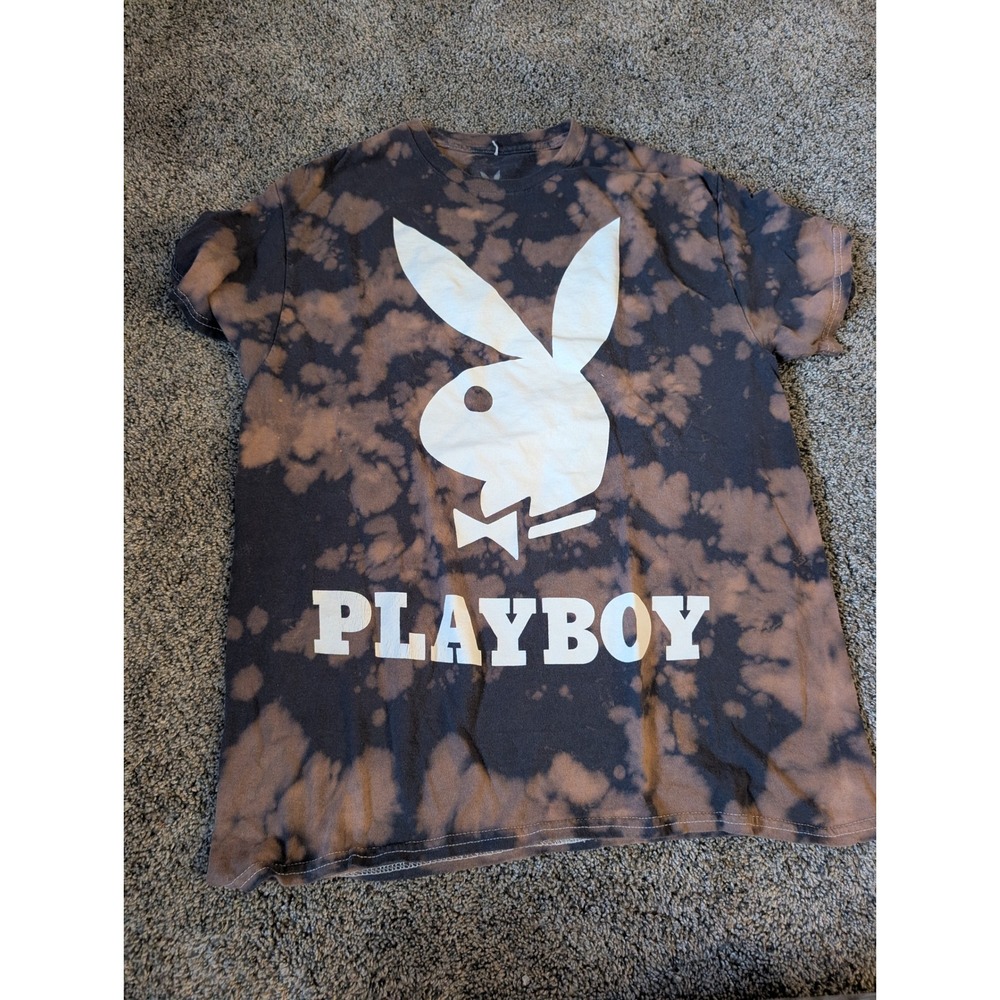 Playboy Mens Acid Wash Tie Dye Graphic T-Shirt Black Brown Medium Logo Tee